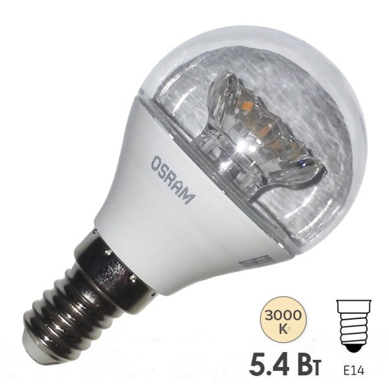 Лампа светодиодная шарик Osram LED CLAS P CL 40 5,4W/830 240° 470lm 220V E14