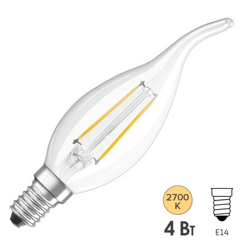 Лампа филаментная светодиодная свеча на ветру Osram LED Retrofit CLAS BA40 4W/827 470lm E14 Filament