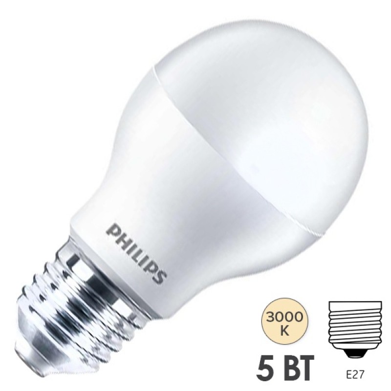 Светодиодная лампа Philips LED Bulb A60 5W (55W) 220V E27 3000K 500lm L104x58mm (матов./тёплый)