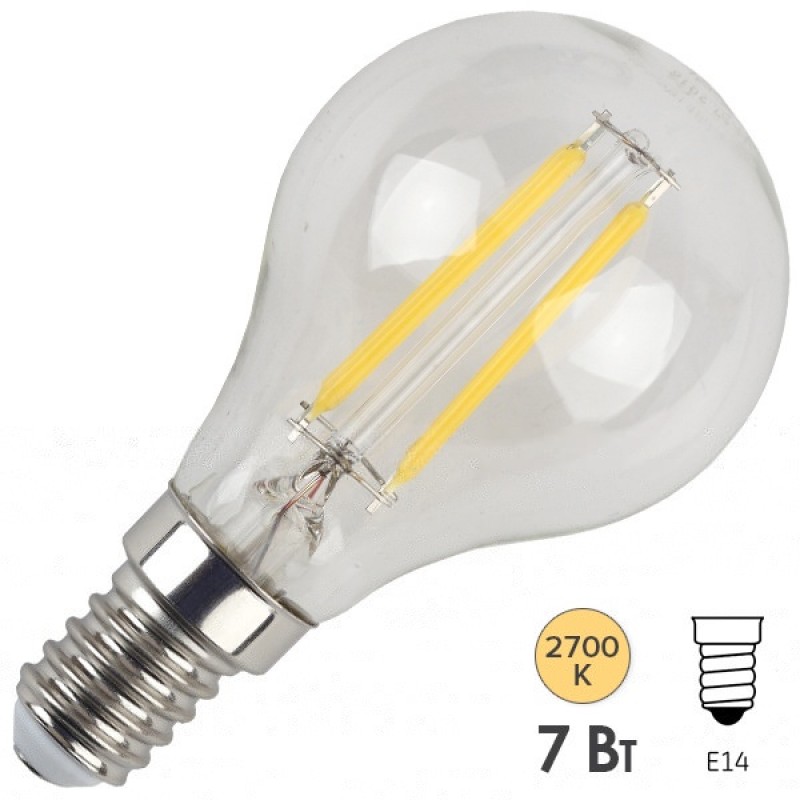 Лампа филаментная светодиодная шарик ЭРА F-LED P45-7W-827-E14 filament теплый свет 576603