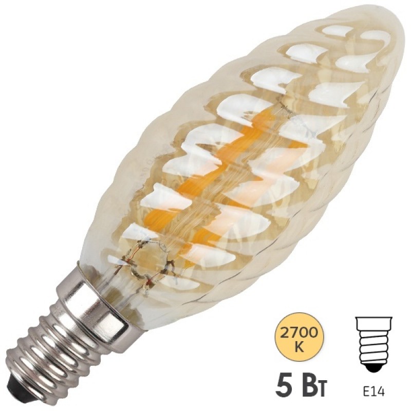 Лампа филаментная светодиодная свеча витая ЭРА F-LED BTW-5W-827-E14 gold Vintage теплый свет 575781