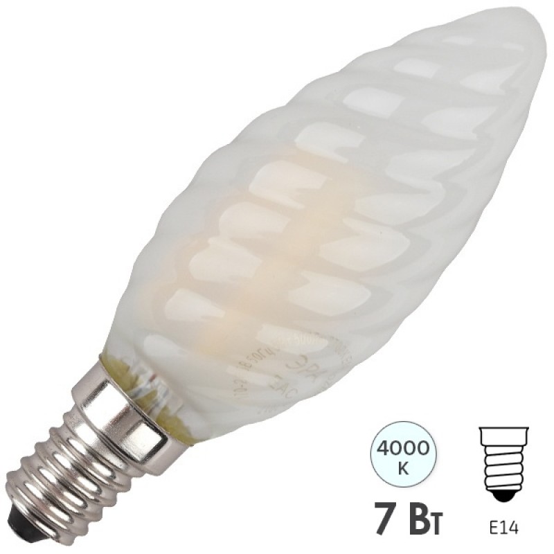 Лампа филаментная светодиодная свеча витая ЭРА F-LED BTW-7W-840-E14 frost filament белый свет 576474