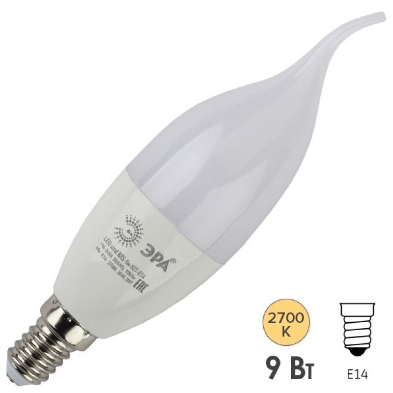 Лампа светодиодная свеча на ветру ЭРА LED BXS-9W-827-E14 теплый свет 576740