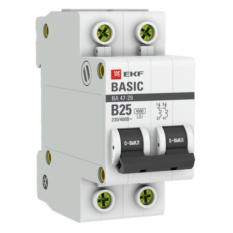 Автоматический выключатель 2P 25А (B) 4,5кА ВА 47-29 EKF Basic (автомат)
