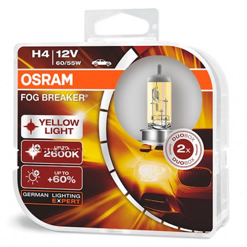 Лампа 62193FBR-HCB H4 12V 60/55W P43t (+60% больше света, 2600K) FOG BREAKER OSRAM (упаковка 2шт)