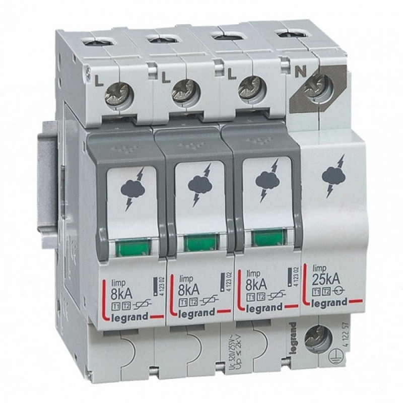Разрядник Legrand 3P+N тип Т1+Т2 Imax 8 кА 255-320В 4 модуля