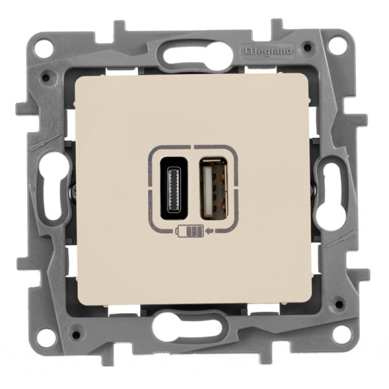 Зарядное устройство с двумя USB-разьемами тип C-С 240В/5В 3000мА Legrand Etika слоновая кость