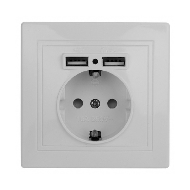 Розетка 2P+E Schuko со шторками 16А 250В + 2хUSB 5В-2,1А  Intro Plano, белый 1-410-01
