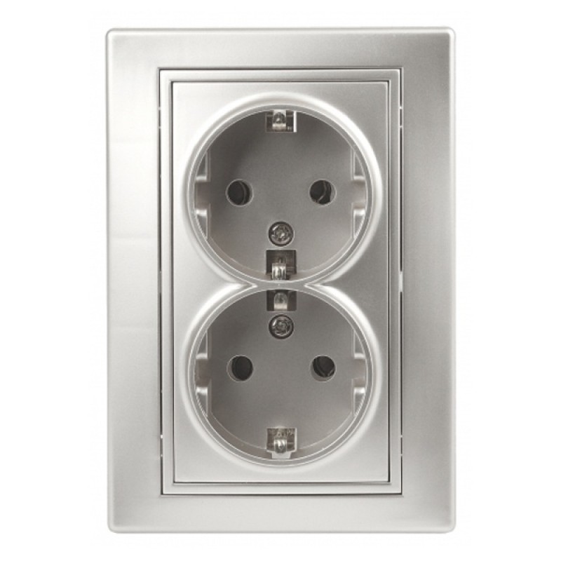 Розетка 2х2P+E Schuko 16А 250В IP20 Intro Plano, алюминий 1-205-03