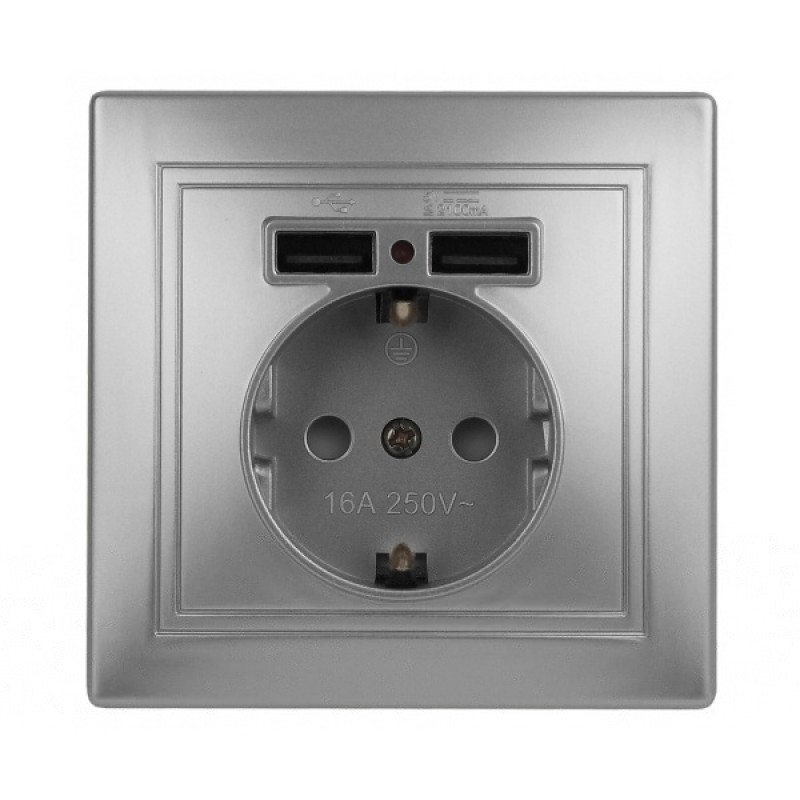Розетка 2P+E Schuko со шторками 16А 250В + 2хUSB 5В-2,1А  Intro Plano, алюминий 1-410-03