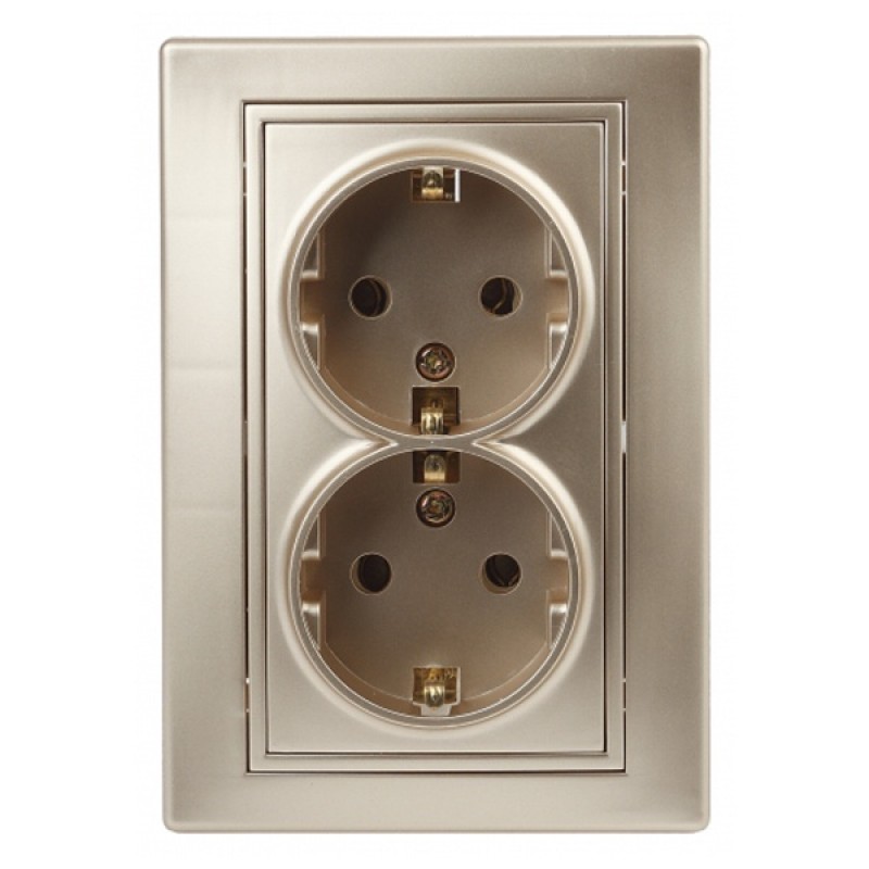 Розетка 2х2P+E Schuko 16А 250В IP20 Intro Plano, шампань 1-205-04