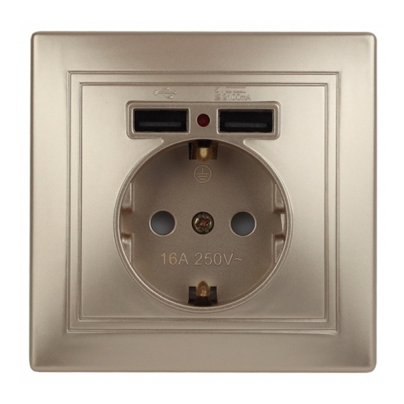 Розетка 2P+E Schuko со шторками 16А 250В + 2хUSB 5В-2,1А  Intro Plano, шампань 1-410-04