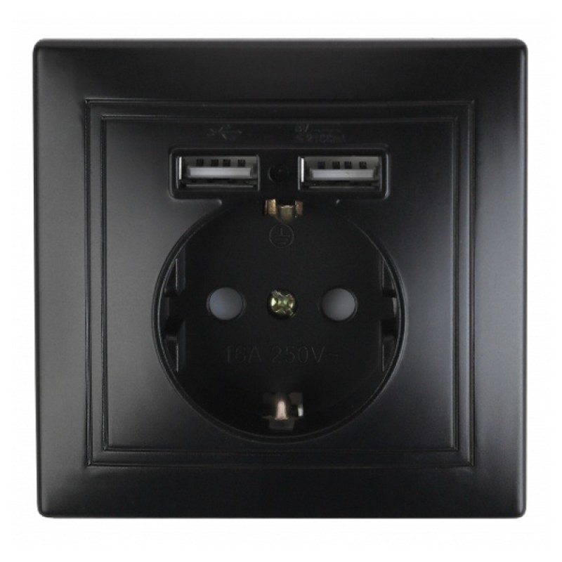 Розетка 2P+E Schuko со шторками 16А 250В + 2хUSB 5В-2,1А  Intro Plano, антрацит 1-410-05