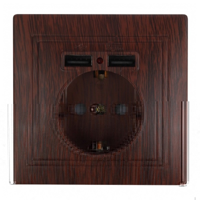 Розетка 2P+E Schuko со шторками 16А 250В + 2хUSB 5В-2,1А  Intro Plano, венге 1-410-10