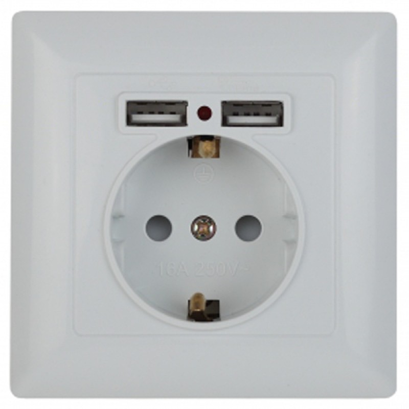 Розетка 2P+E Schuko со шторками 16А-250В + 2хUSB  Intro Solo, белый 4-410-01