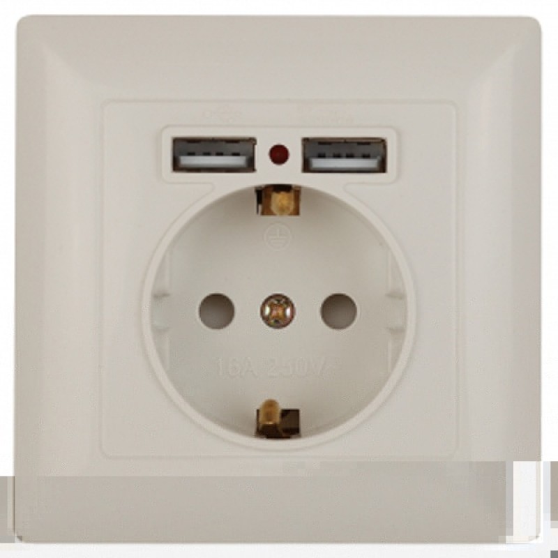 Розетка 2P+E Schuko со шторками 16А-250В + 2хUSB  Intro Solo, слоновая кость 4-410-02 (бежевый)