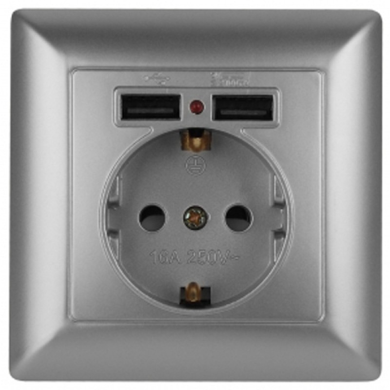 Розетка 2P+E Schuko со шторками 16А-250В + 2хUSB  Intro Solo, алюминий 4-410-03