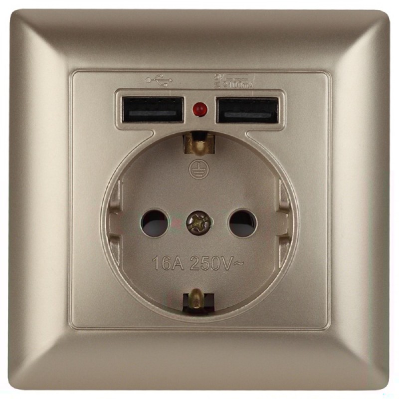 Розетка 2P+E Schuko со шторками 16А-250В + 2хUSB  Intro Solo, шампань 4-410-04