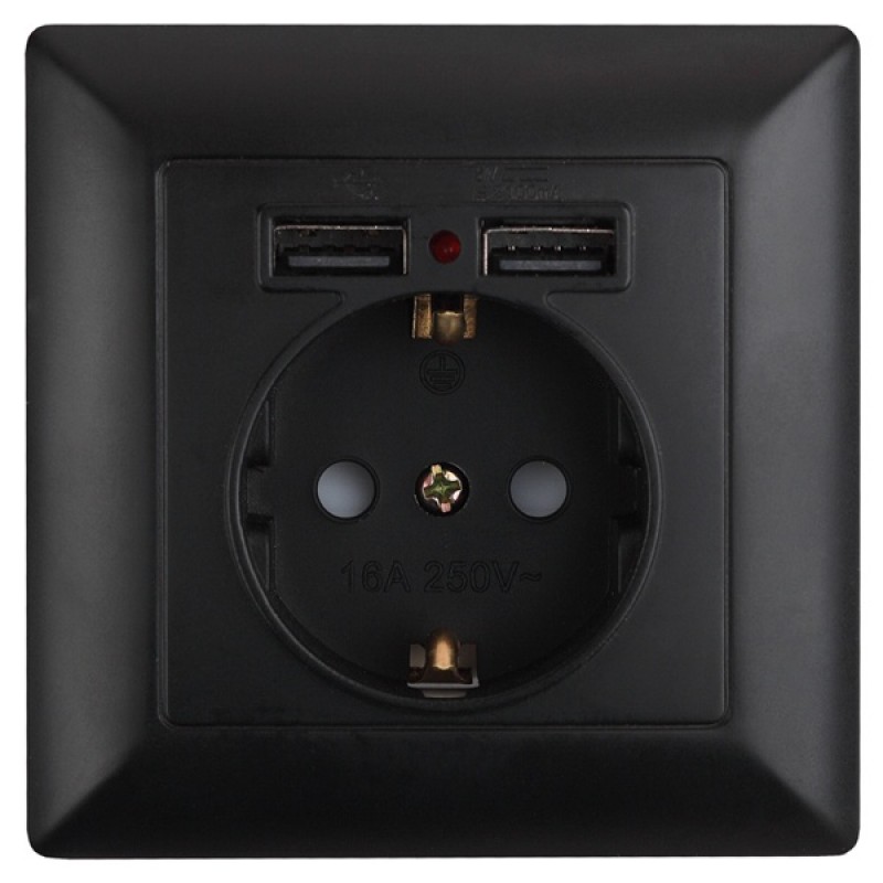 Розетка 2P+E Schuko со шторками 16А-250В + 2хUSB  Intro Solo, антрацит 4-410-05