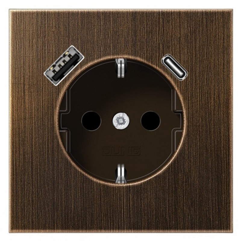 Розетка с/з и с USB-зарядным устройством тип A+тип С Jung LS Латунь Antik