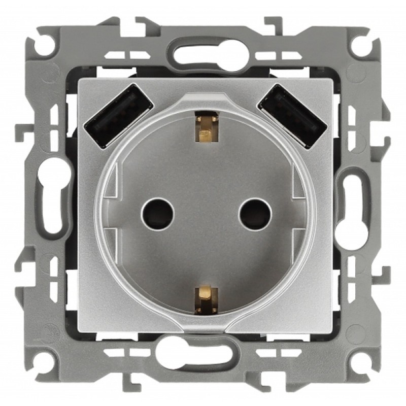 Розетка 2P+E 16A 250В со шторками и зарядкой 2xUSB 5В 3А Эра12, алюминий 12-4109-03