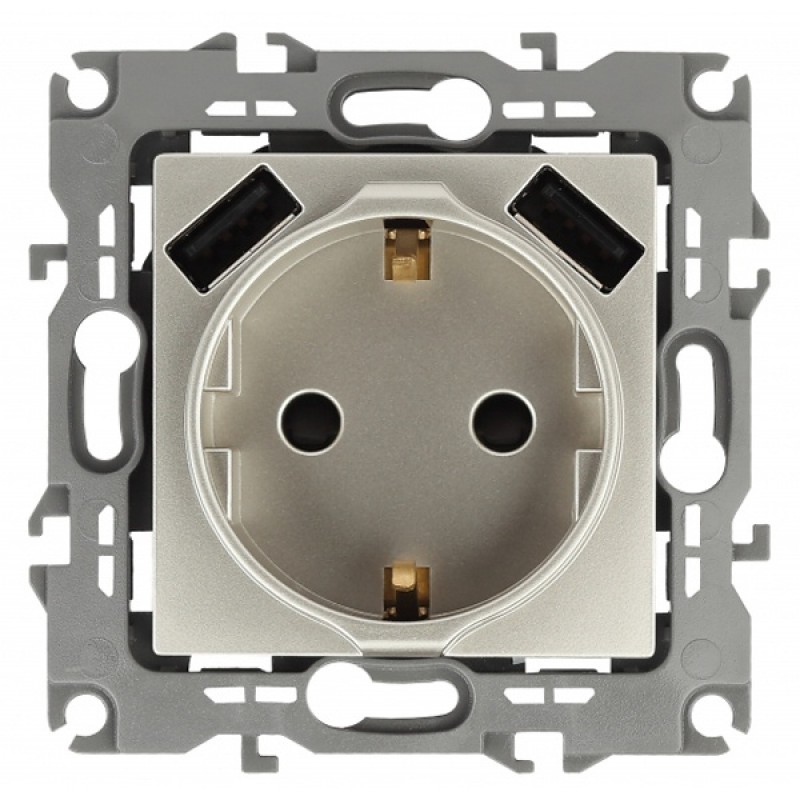 Розетка 2P+E 16A 250В со шторками и зарядкой 2xUSB 5В 3А Эра12, шампань 12-4109-04