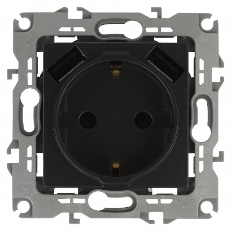 Розетка 2P+E 16A 250В со шторками и зарядкой 2xUSB 5В 3А Эра12, антрацит 12-4109-05