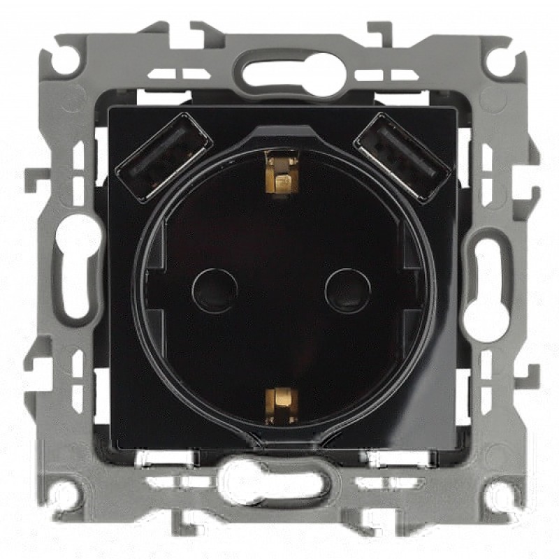 Розетка 2P+E 16A 250В со шторками и зарядкой 2xUSB 5В 3А Эра12, черный 12-4109-06