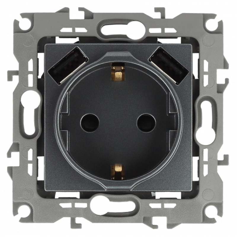 Розетка 2P+E 16A 250В со шторками и зарядкой 2xUSB 5В 3А Эра12, графит 12-4109-12