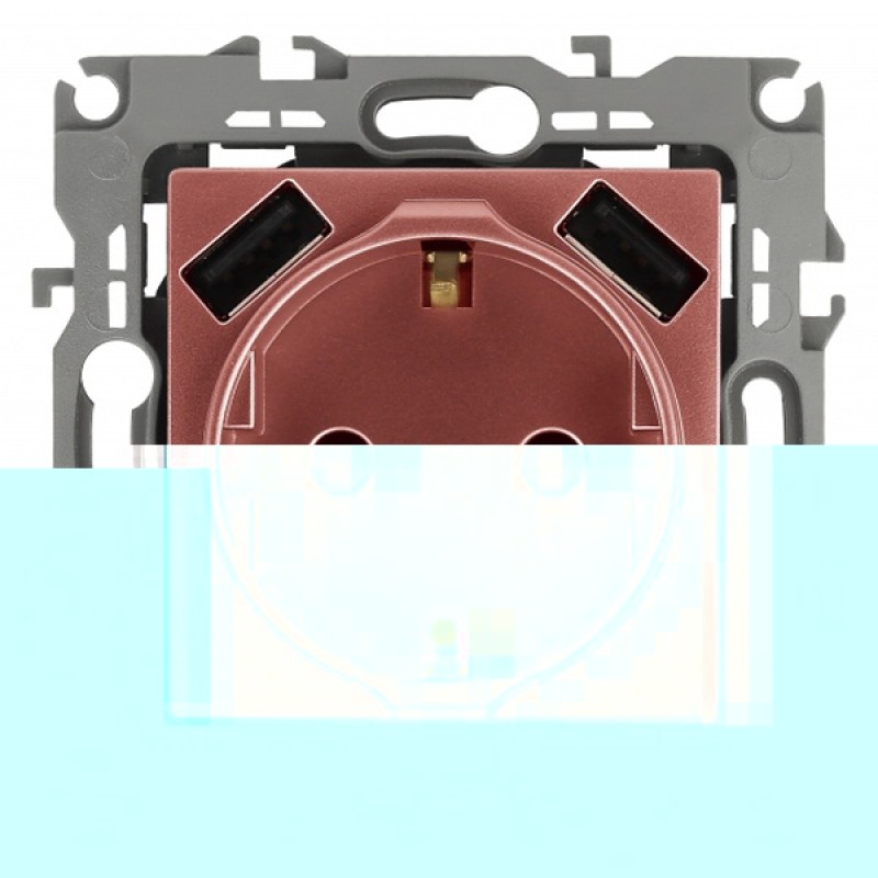 Розетка 2P+E 16A 250В со шторками и зарядкой 2xUSB 5В 3А Эра12, медь 12-4109-14
