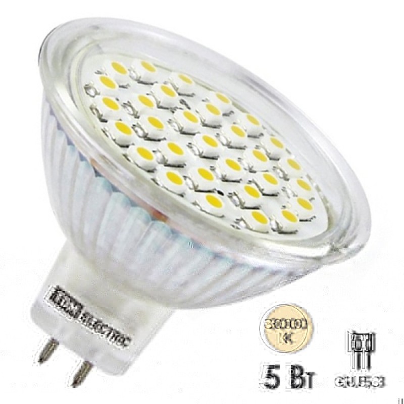Лампа светодиодная MR16-5 Вт-12 В -3000 К–GU 5,3 SMD TDM