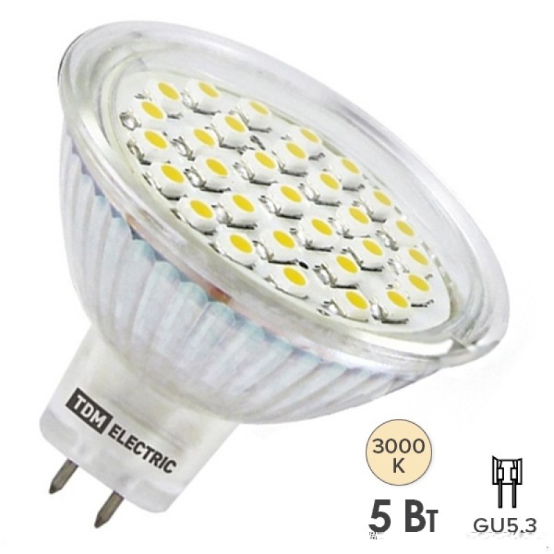 Лампа светодиодная MR16-5 Вт-220 В -3000 К–GU 5,3 SMD TDM
