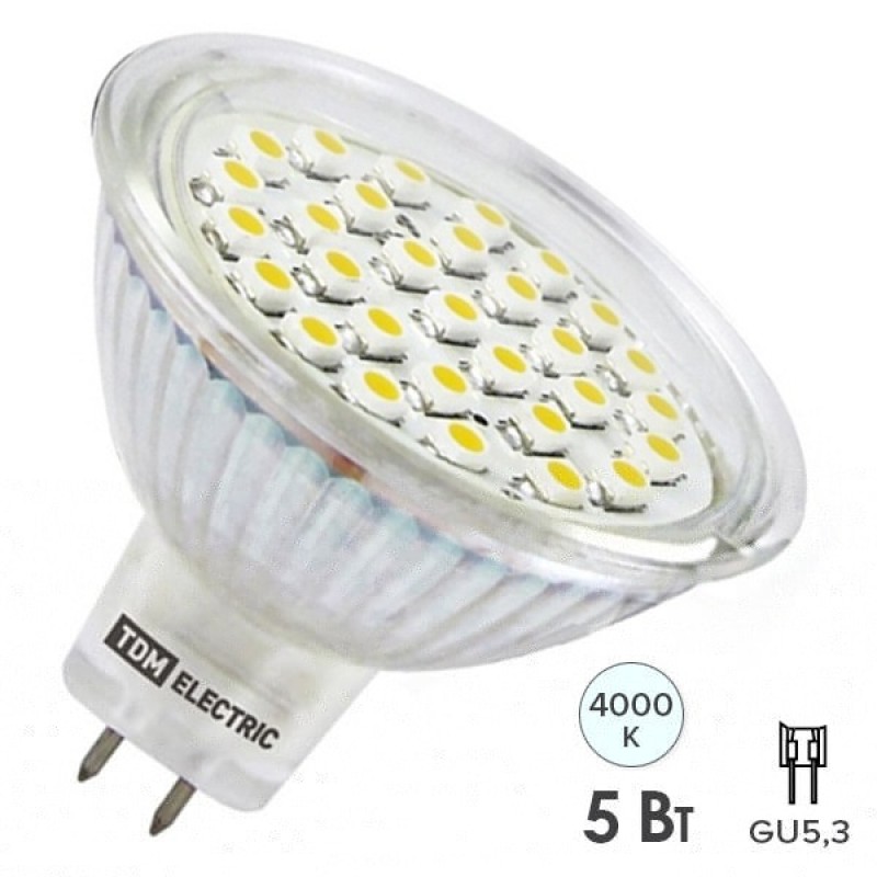 Лампа светодиодная MR16-5 Вт-220 В -4000 К–GU 5,3 SMD TDM